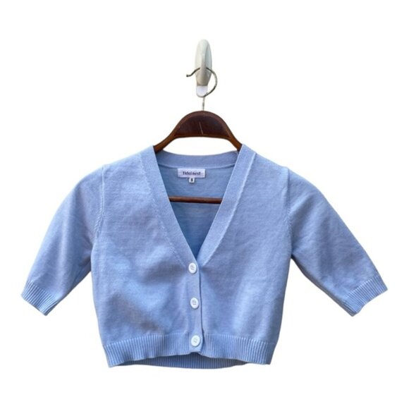Tidal Nest Baby Blue V-Neck Short-Sleeve Cropped Cardigan Sz M - Picture 5 of 6